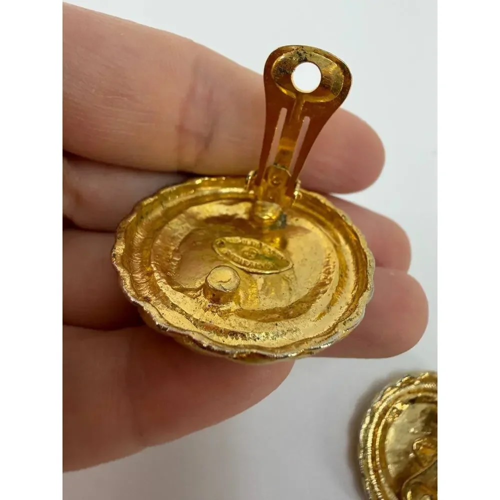 Vintage Chanel CC Logo Clip On Earrings Gold Tone Black Round France